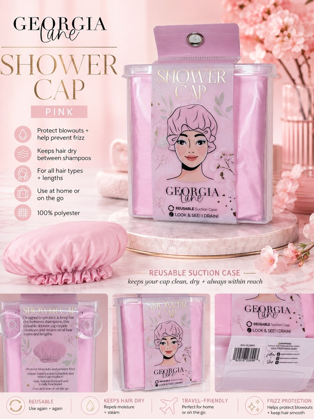 Georgia Lane Reusable Shower Cap – Pink